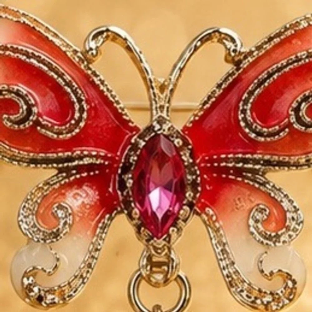 Enamel Butterfly Brooch Gold Tone Filigree Red Crystal Dangle Pearlescent Pin
